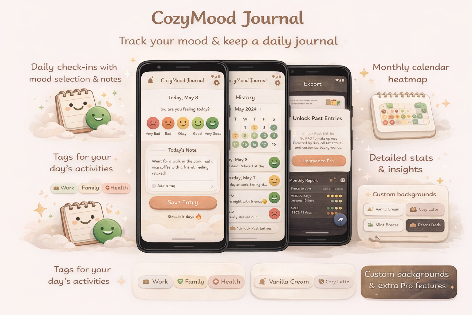CozyMood Journal app UI preview